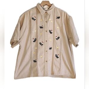 Vintage Mandal Bay Rooster Embroidered Button-Up Shirt Cottagecore 1X